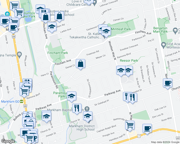map of restaurants, bars, coffee shops, grocery stores, and more near 7 Avondale Crescent in Markham