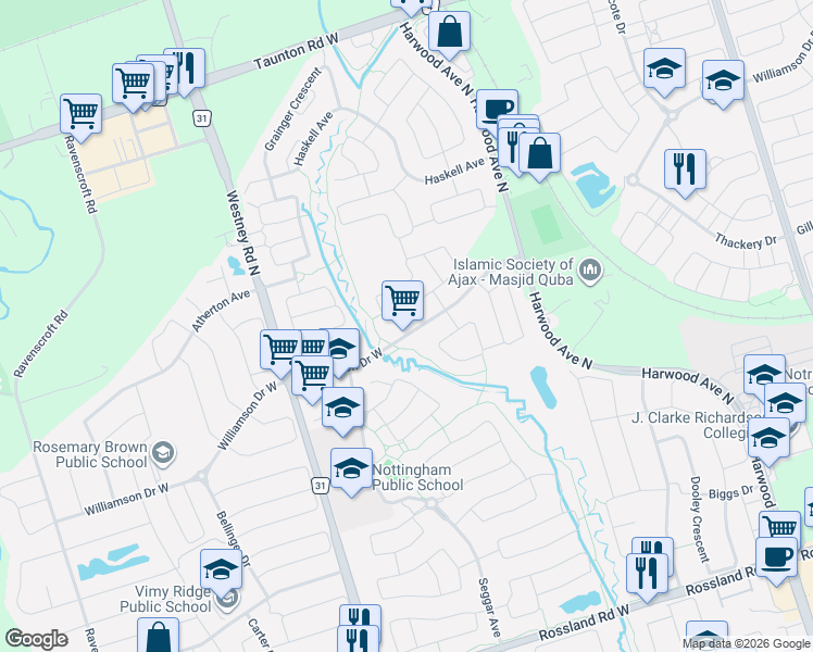 map of restaurants, bars, coffee shops, grocery stores, and more near 44 Williamson Drive West in Ajax