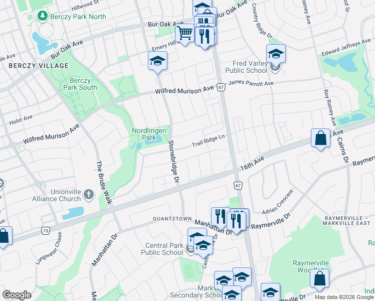 map of restaurants, bars, coffee shops, grocery stores, and more near 121 Trail Ridge Lane in Markham
