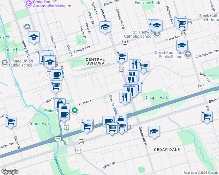 map of restaurants, bars, coffee shops, grocery stores, and more near 491 Drew Street in Oshawa