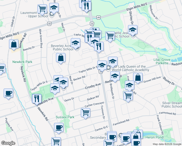 map of restaurants, bars, coffee shops, grocery stores, and more near 433 Becker Road in Richmond Hill