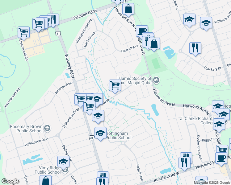 map of restaurants, bars, coffee shops, grocery stores, and more near 75 Montebello Crescent in Ajax