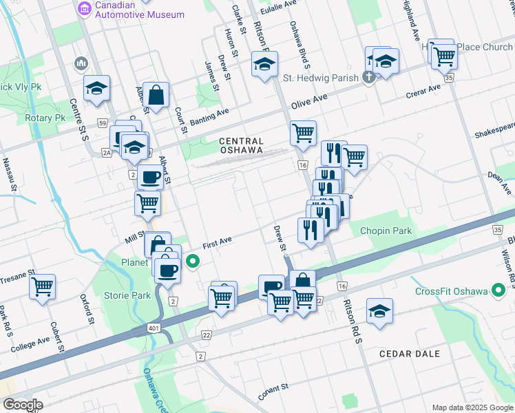 map of restaurants, bars, coffee shops, grocery stores, and more near in Oshawa