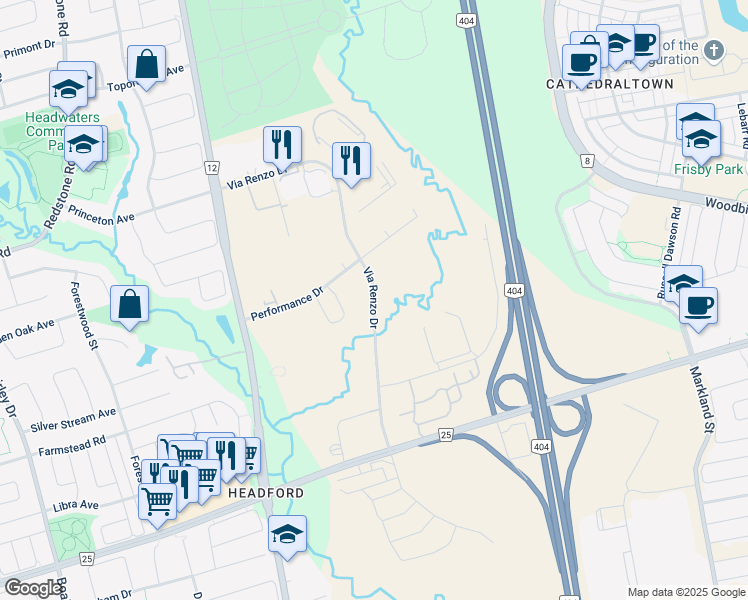 map of restaurants, bars, coffee shops, grocery stores, and more near Via Renzo Drive in Richmond Hill