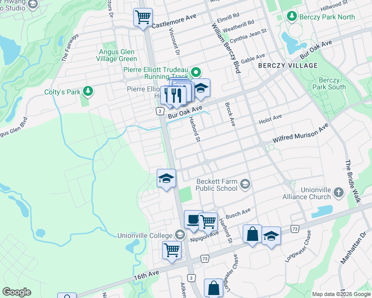 map of restaurants, bars, coffee shops, grocery stores, and more near 64 Frederick Stamm Crescent in Markham