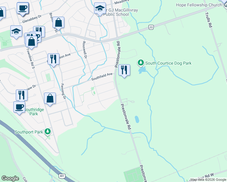 map of restaurants, bars, coffee shops, grocery stores, and more near 53 Kersey Crescent in Courtice