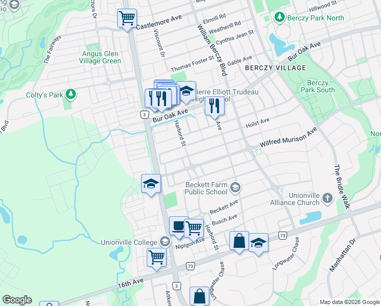 map of restaurants, bars, coffee shops, grocery stores, and more near 197 Harbord Street in Markham