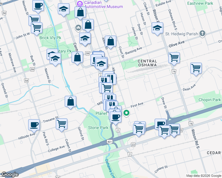 map of restaurants, bars, coffee shops, grocery stores, and more near 433 Simcoe Street South in Oshawa
