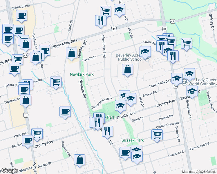 map of restaurants, bars, coffee shops, grocery stores, and more near 243 Blue Grass Boulevard in Richmond Hill