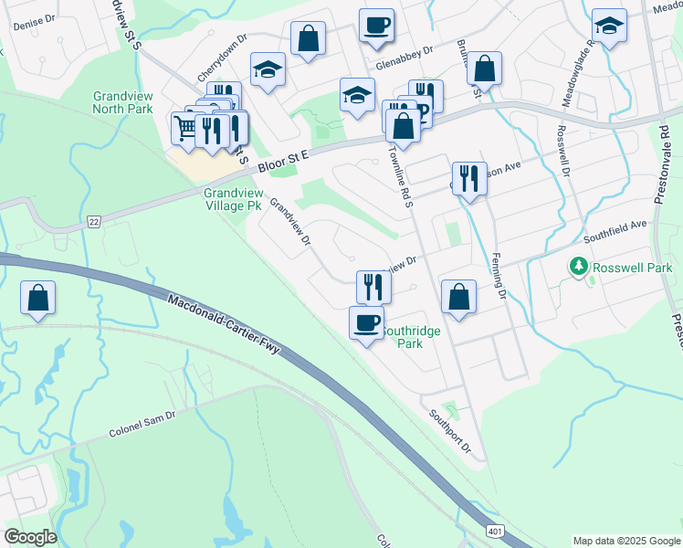 map of restaurants, bars, coffee shops, grocery stores, and more near 793 Grandview Drive in Oshawa