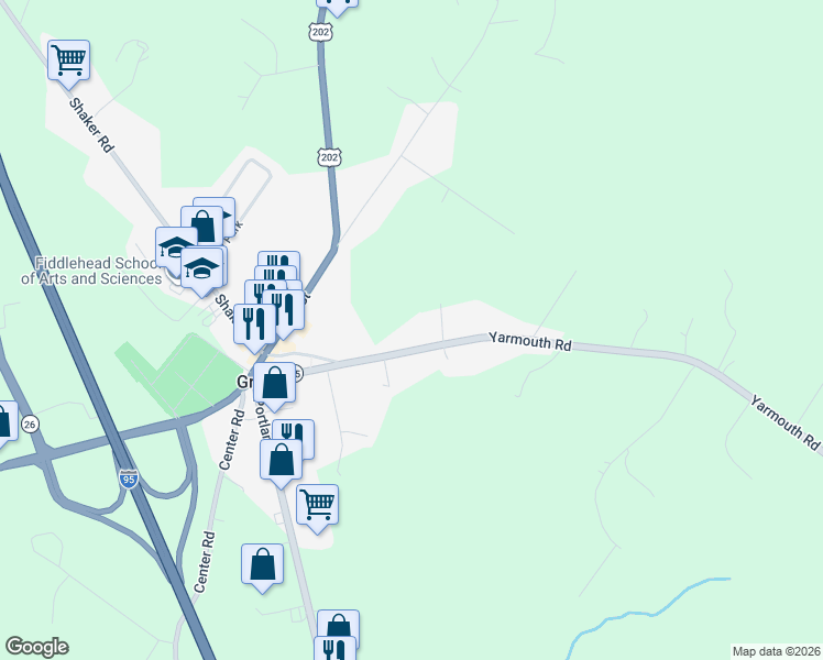 map of restaurants, bars, coffee shops, grocery stores, and more near 29 Yarmouth Road in Gray