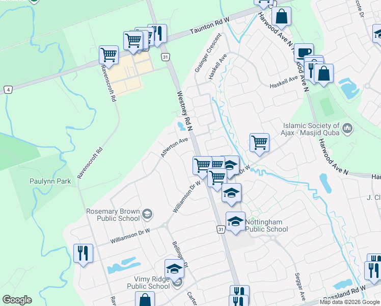map of restaurants, bars, coffee shops, grocery stores, and more near 52 Unsworth Crescent in Ajax