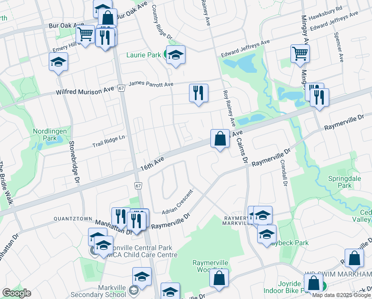 map of restaurants, bars, coffee shops, grocery stores, and more near 16th Avenue in Markham