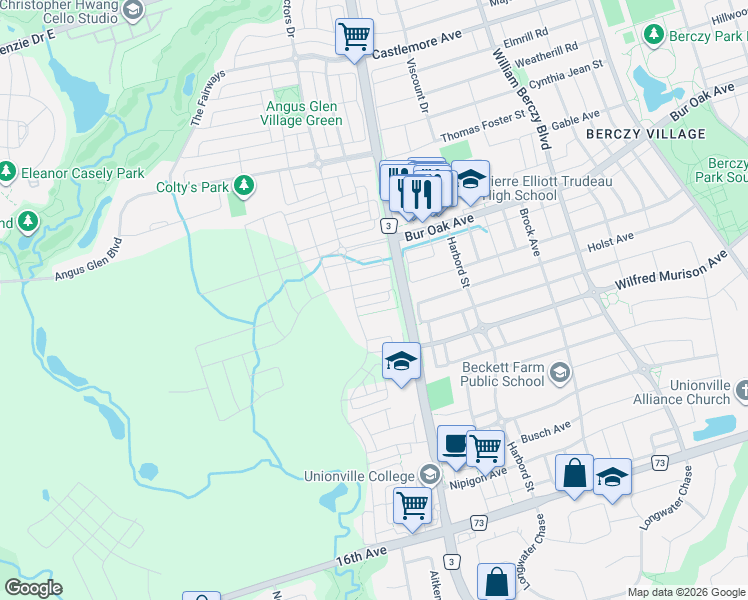 map of restaurants, bars, coffee shops, grocery stores, and more near 17 William Shearn Crescent in Markham
