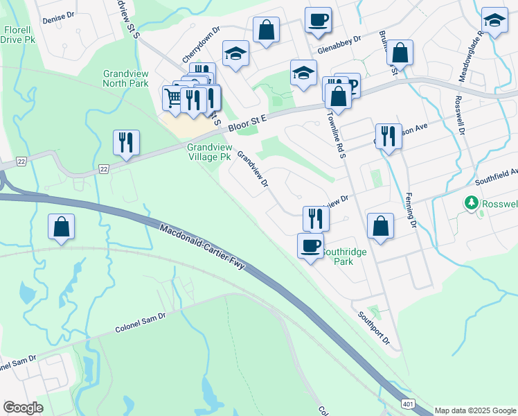 map of restaurants, bars, coffee shops, grocery stores, and more near 758 Downview Crescent in Oshawa