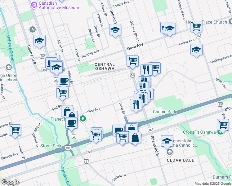 map of restaurants, bars, coffee shops, grocery stores, and more near 480 Drew Street in Oshawa