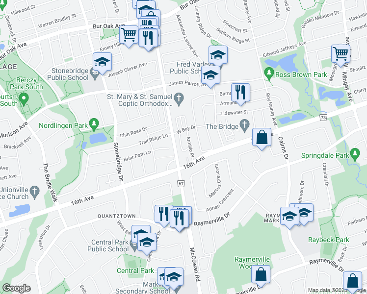 map of restaurants, bars, coffee shops, grocery stores, and more near 31 Wuhan Lane in Markham