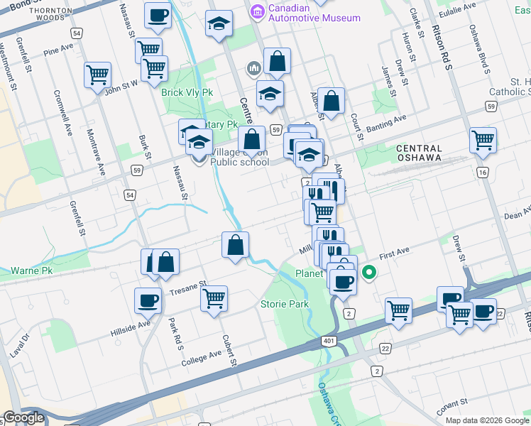 map of restaurants, bars, coffee shops, grocery stores, and more near 75 Avenue Street in Oshawa