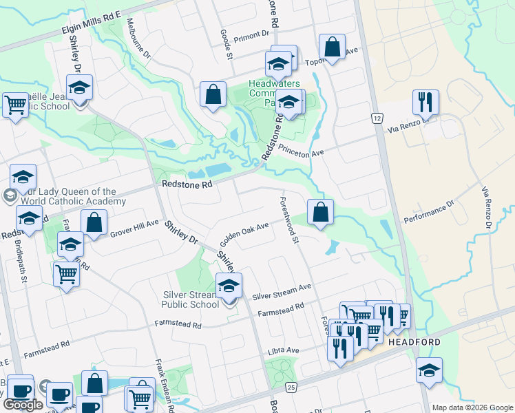 map of restaurants, bars, coffee shops, grocery stores, and more near 24 Champagne Court in Richmond Hill