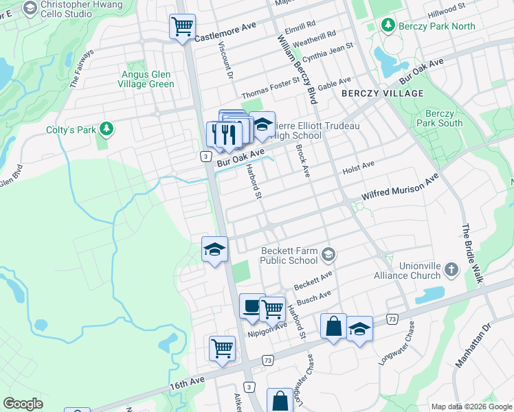 map of restaurants, bars, coffee shops, grocery stores, and more near 202 Harbord Street in Markham
