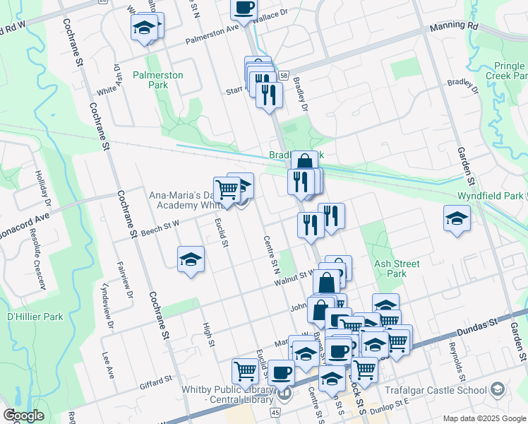 map of restaurants, bars, coffee shops, grocery stores, and more near 129 Stokely Crescent in Whitby