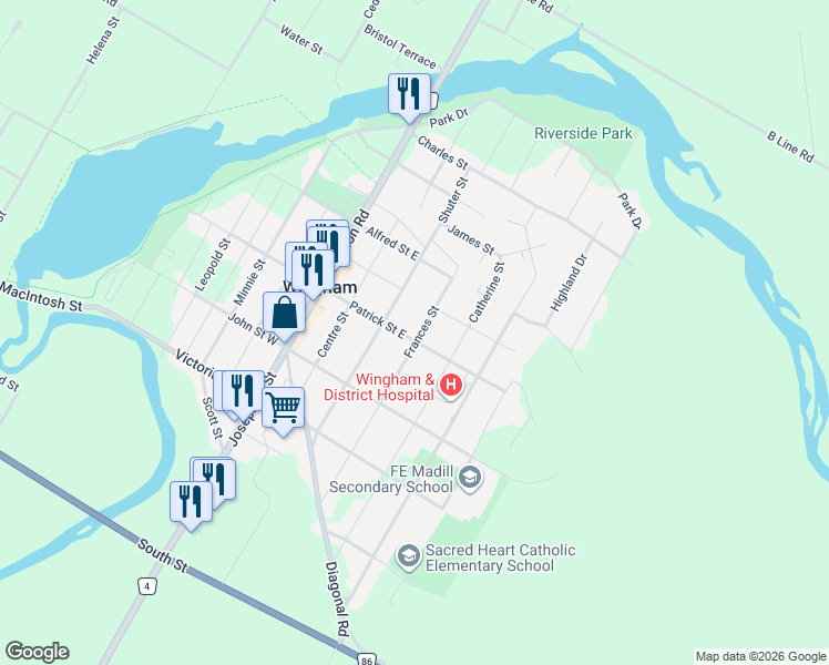 map of restaurants, bars, coffee shops, grocery stores, and more near 103 Patrick Street East in Wingham