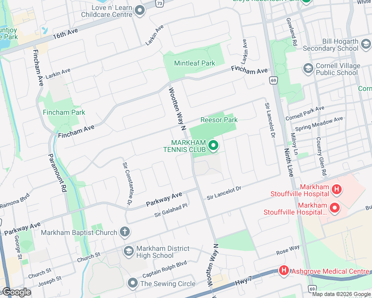 map of restaurants, bars, coffee shops, grocery stores, and more near 78 Wootten Way North in Markham