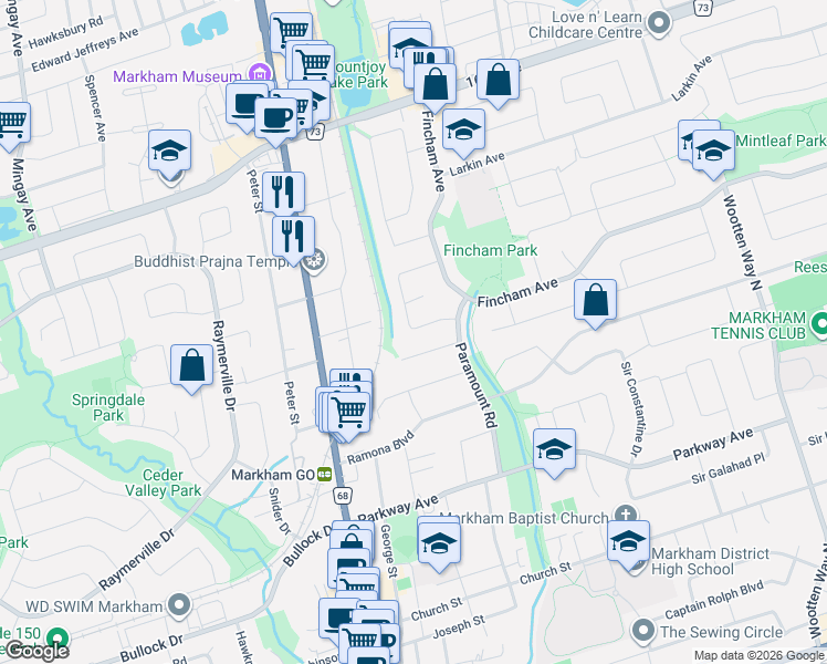 map of restaurants, bars, coffee shops, grocery stores, and more near 62 Bishop Crescent in Markham