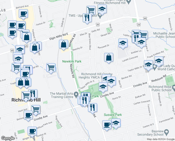 map of restaurants, bars, coffee shops, grocery stores, and more near 305 Axminster Drive in Richmond Hill