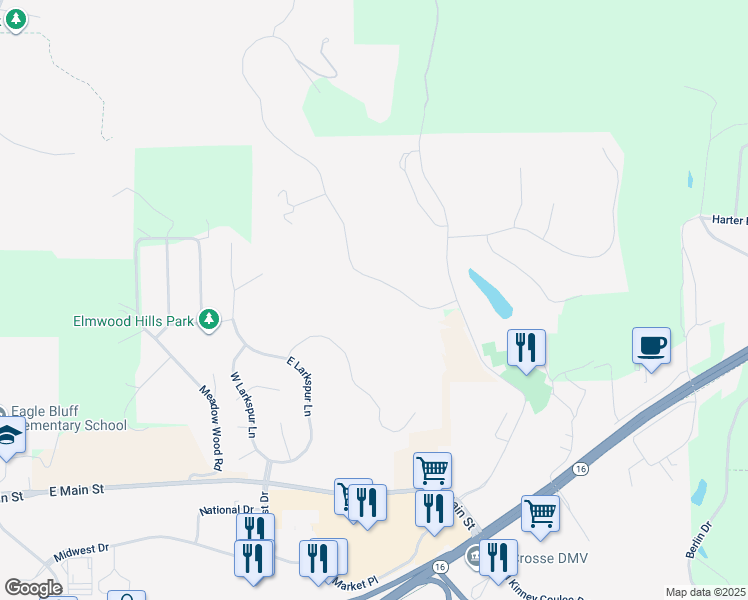 map of restaurants, bars, coffee shops, grocery stores, and more near 435 Country Club Lane in Onalaska