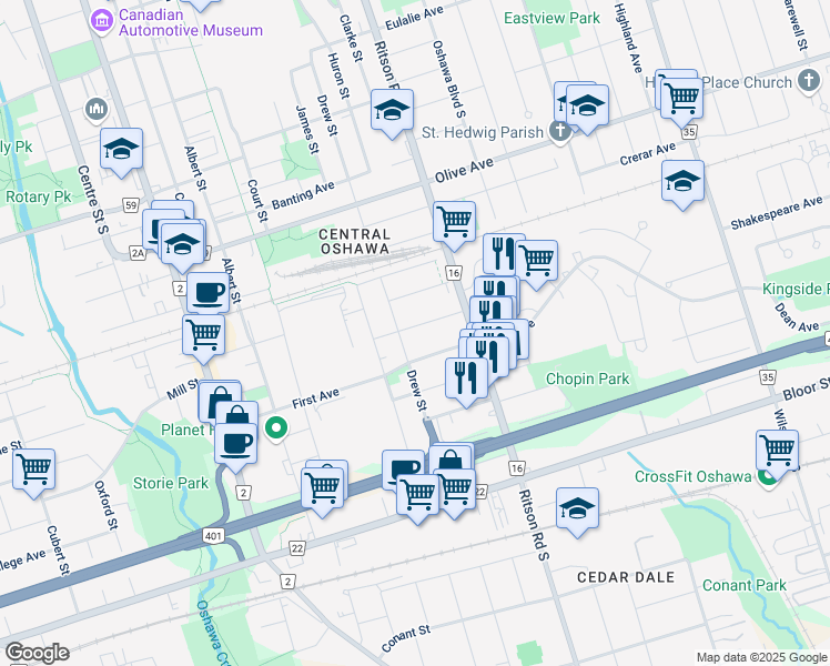 map of restaurants, bars, coffee shops, grocery stores, and more near in Oshawa
