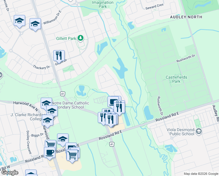map of restaurants, bars, coffee shops, grocery stores, and more near 35 Harper-Hill Drive in Ajax