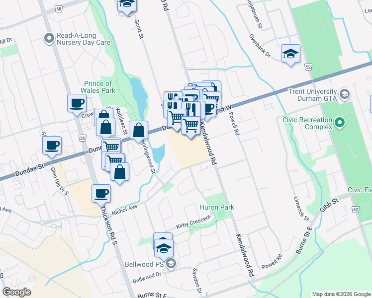 map of restaurants, bars, coffee shops, grocery stores, and more near 11-1801 Dundas Street East in Whitby