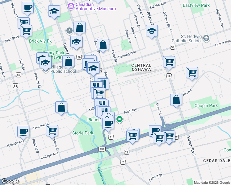 map of restaurants, bars, coffee shops, grocery stores, and more near 64 Albany Street in Oshawa