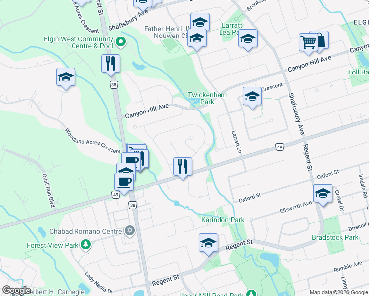 map of restaurants, bars, coffee shops, grocery stores, and more near 10 Anvil Court in Richmond Hill