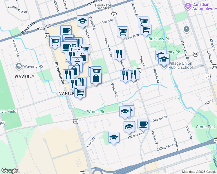 map of restaurants, bars, coffee shops, grocery stores, and more near 296 Grenfell Street in Oshawa