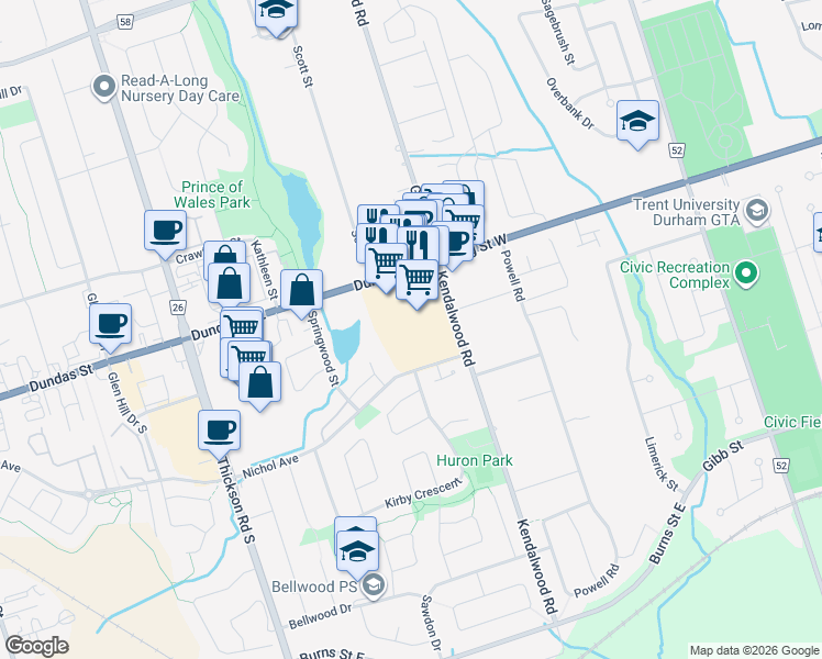 map of restaurants, bars, coffee shops, grocery stores, and more near 11-1801 Dundas Street East in Whitby