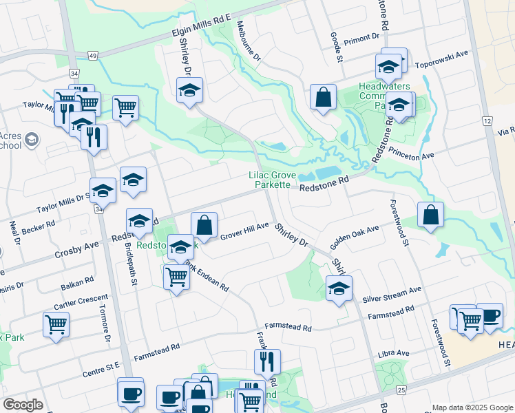 map of restaurants, bars, coffee shops, grocery stores, and more near 76 Fortune Crescent in Richmond Hill