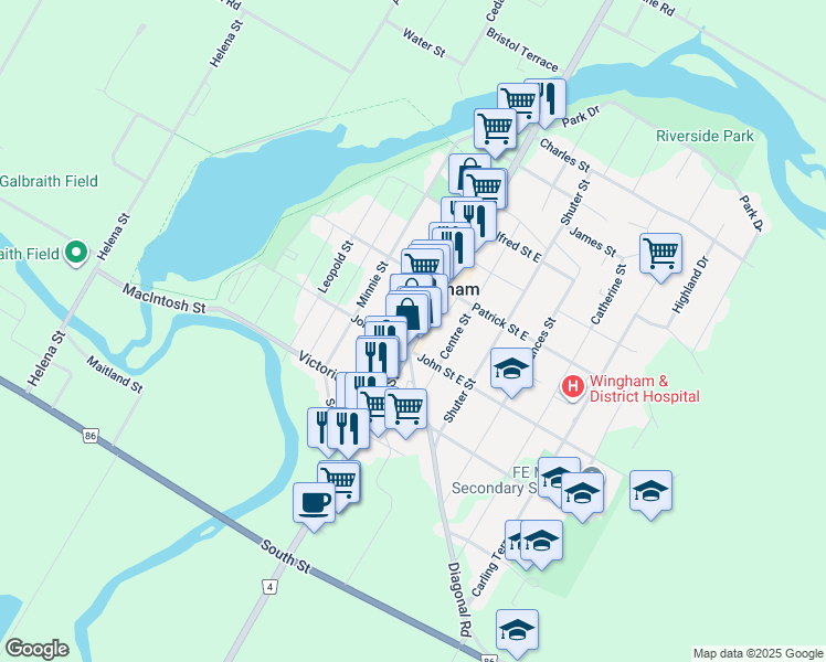 map of restaurants, bars, coffee shops, grocery stores, and more near 254 Josephine Street in Wingham