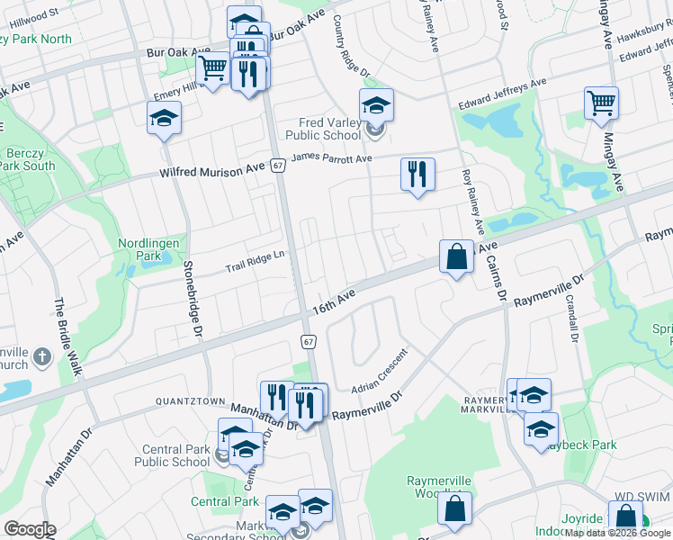 map of restaurants, bars, coffee shops, grocery stores, and more near 103 Maria Road in Markham