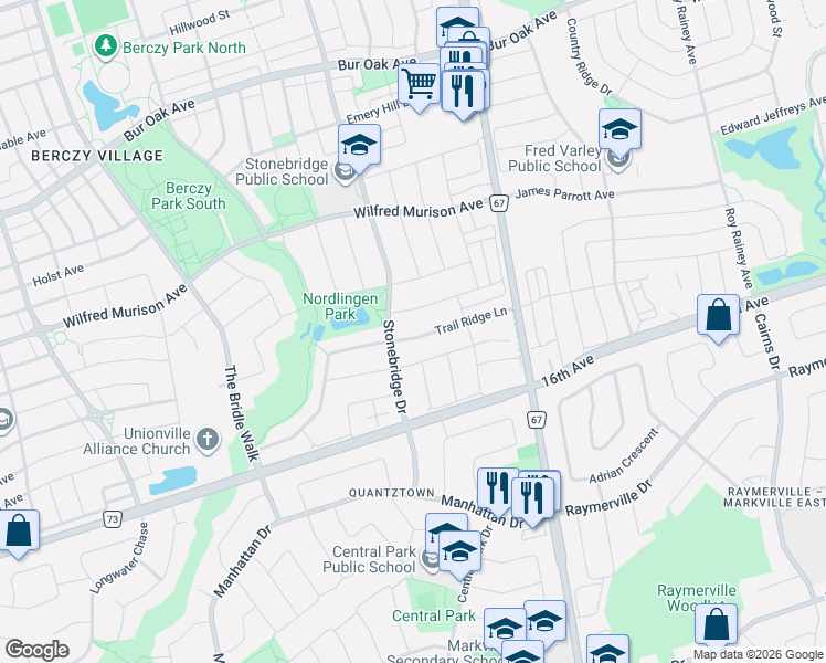 map of restaurants, bars, coffee shops, grocery stores, and more near 114 Trail Ridge Lane in Markham