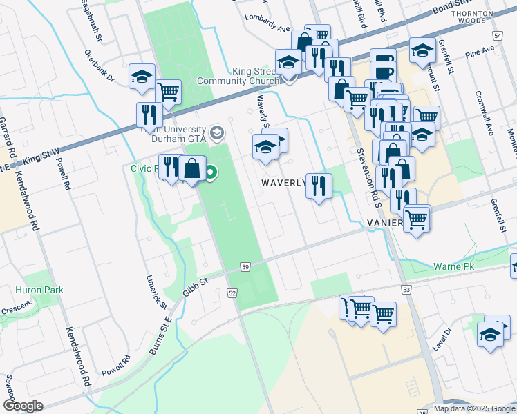 map of restaurants, bars, coffee shops, grocery stores, and more near Vancouver Street in Oshawa