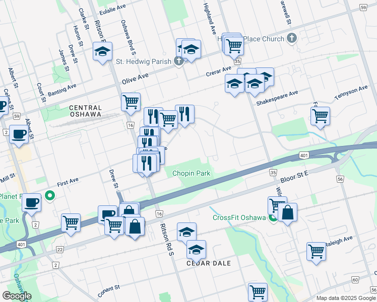 map of restaurants, bars, coffee shops, grocery stores, and more near 506 Normandy Street in Oshawa