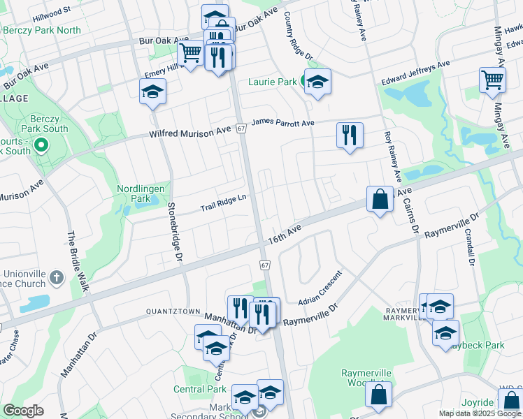 map of restaurants, bars, coffee shops, grocery stores, and more near in Markham