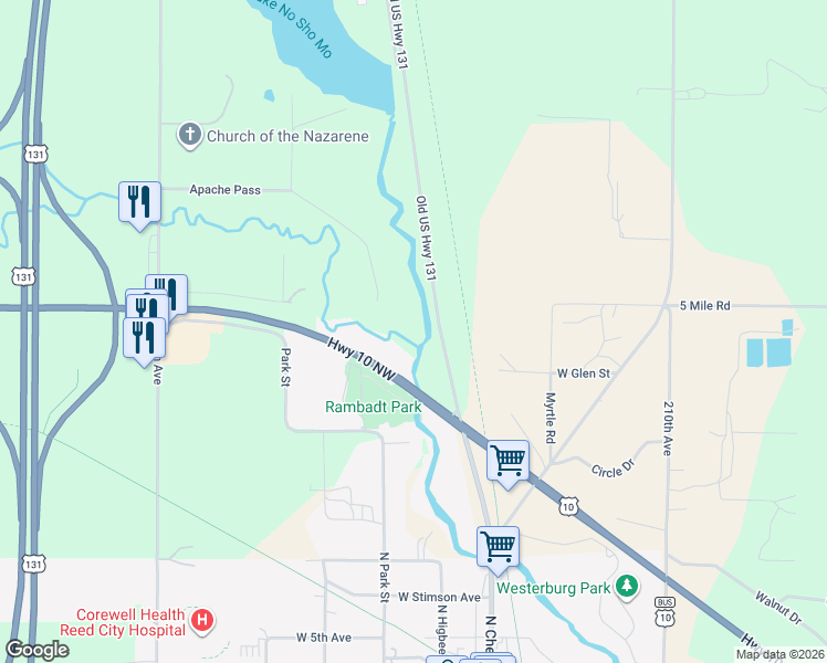 map of restaurants, bars, coffee shops, grocery stores, and more near in Reed City