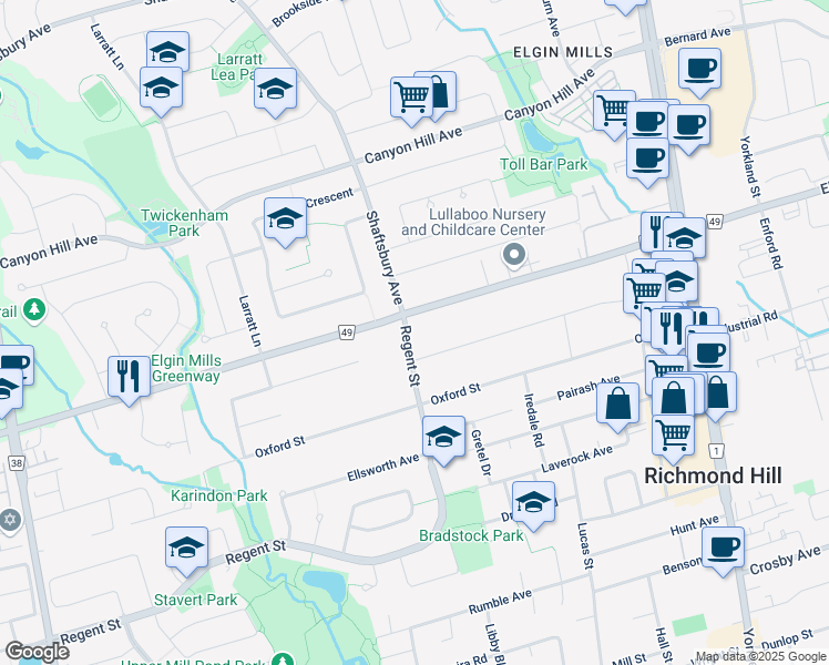 map of restaurants, bars, coffee shops, grocery stores, and more near 229 Regent Street in Richmond Hill