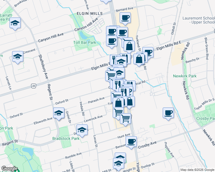 map of restaurants, bars, coffee shops, grocery stores, and more near 26 Oxford Street in Richmond Hill