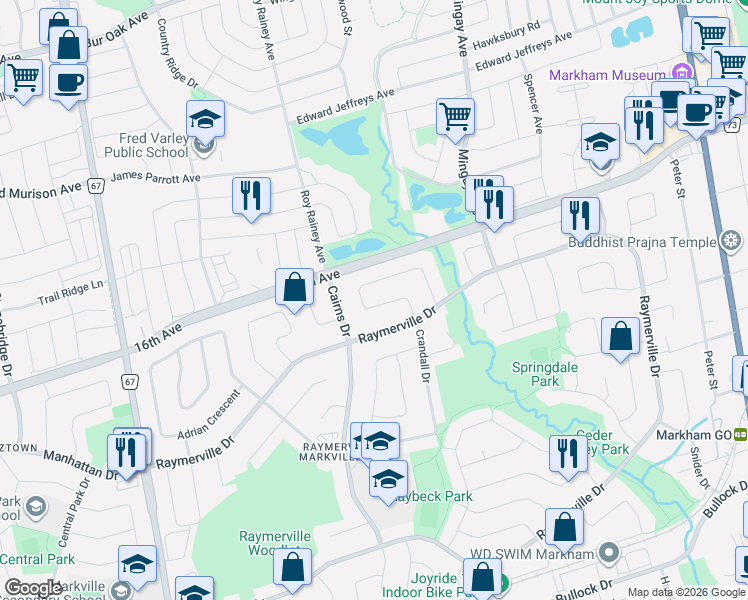 map of restaurants, bars, coffee shops, grocery stores, and more near 39 Bendamere Crescent in Markham