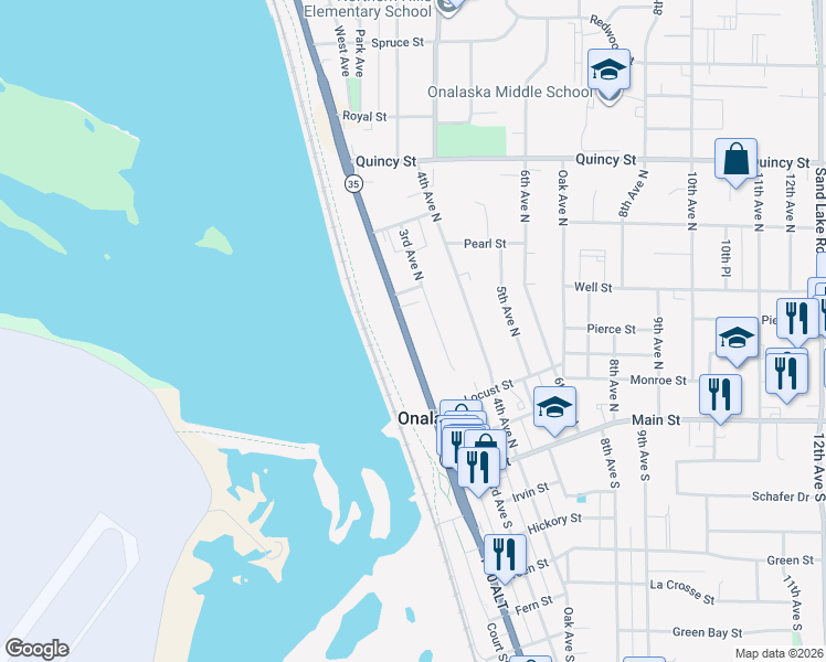 map of restaurants, bars, coffee shops, grocery stores, and more near 444 2nd Avenue North in Onalaska