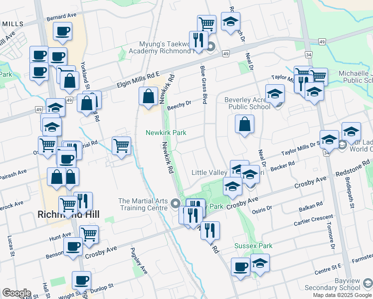 map of restaurants, bars, coffee shops, grocery stores, and more near 286 Axminster Drive in Richmond Hill